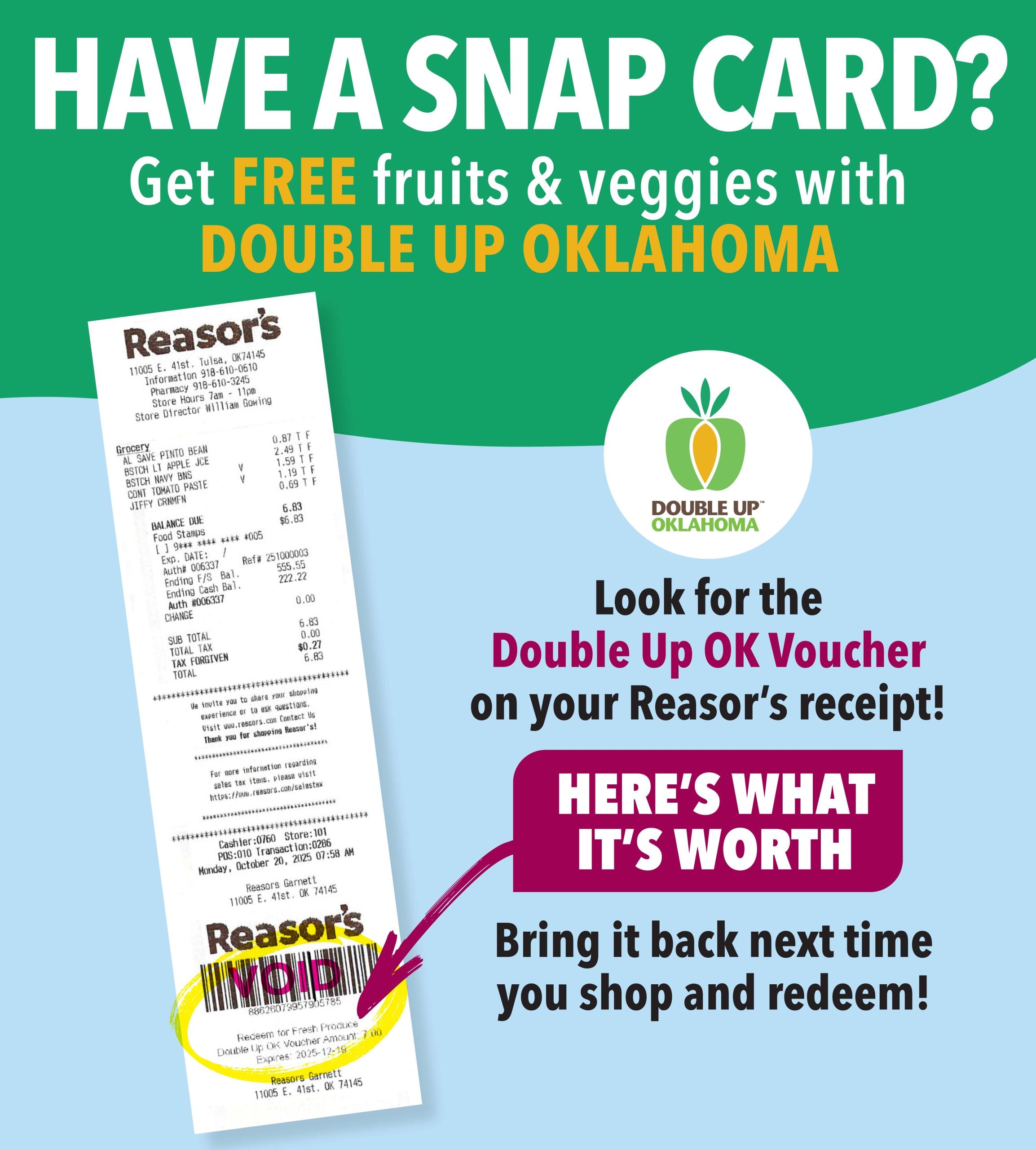 Double Up Oklahoma voucher shown on a Reasor's receipt